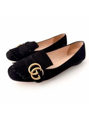 GUCCI‎ | Marmont GG Fringe Suede Ballet Flats Black Gold Logo Size 37